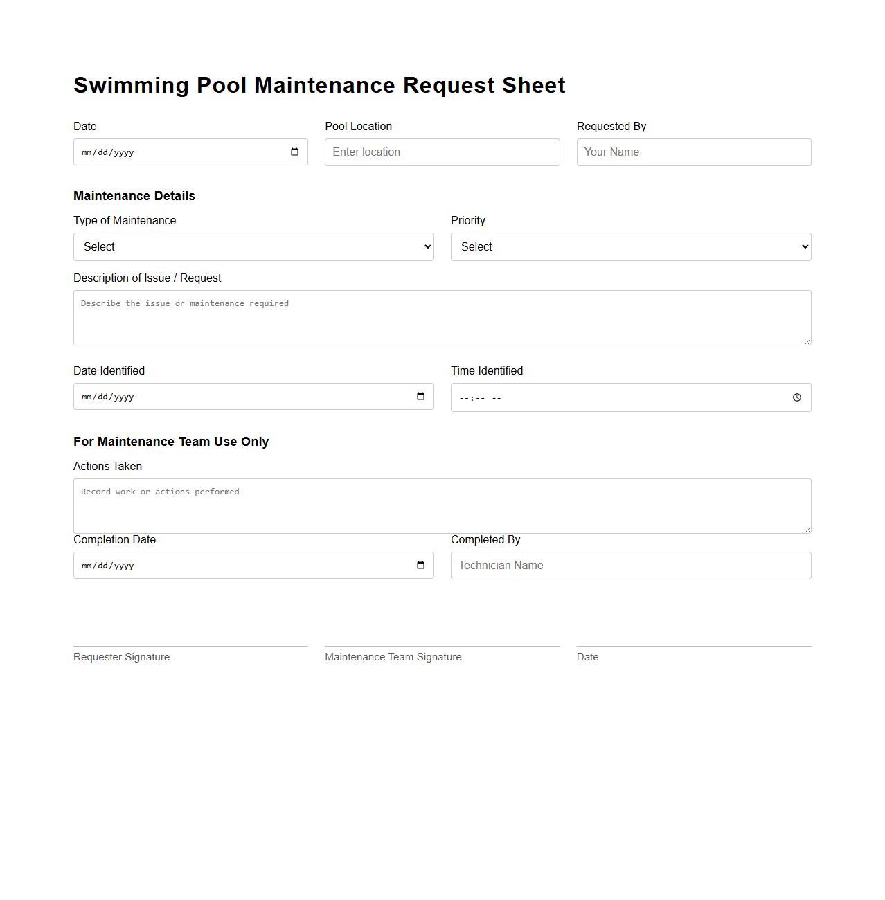 Swimming Pool Maintenance Request Sheet