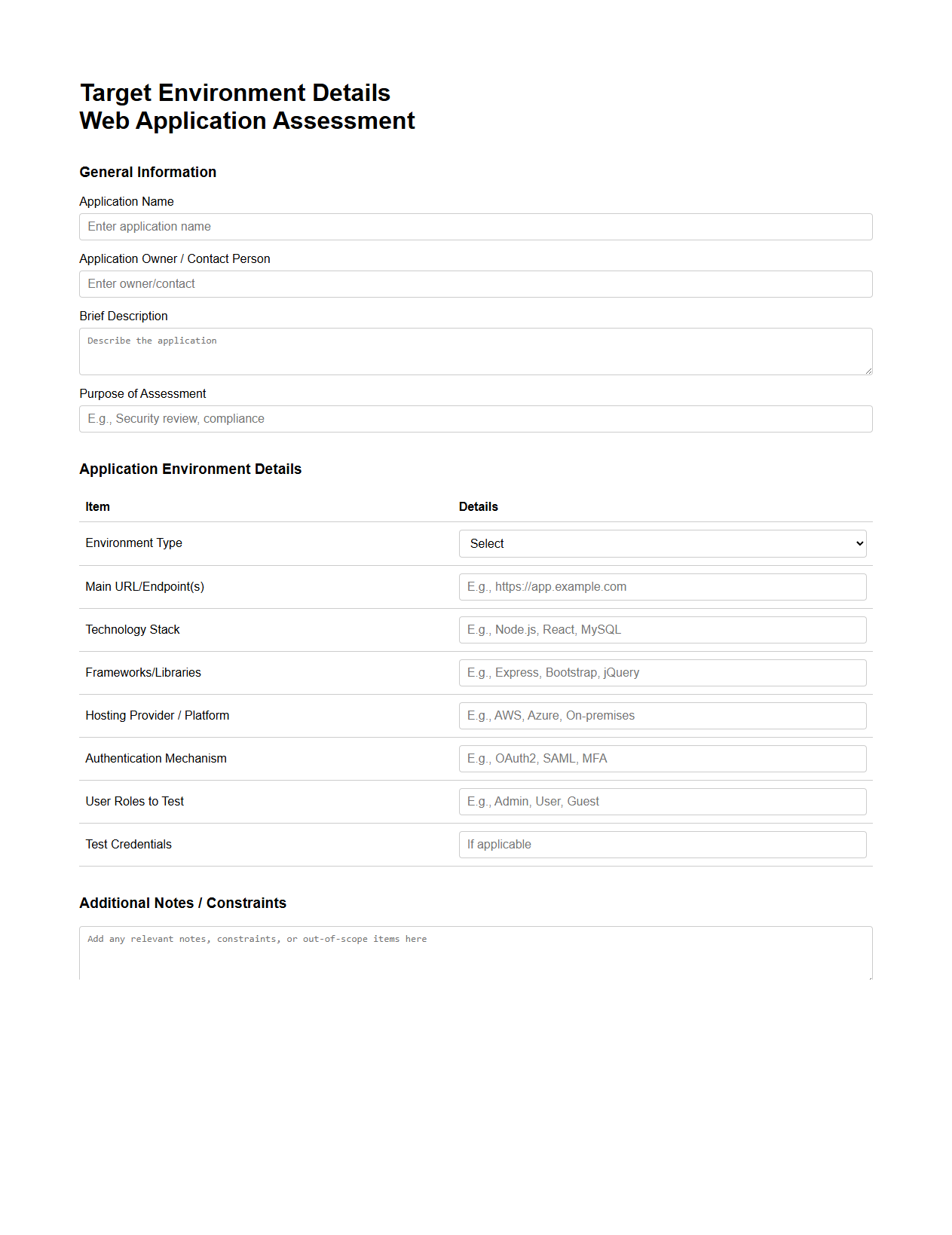 Target Environment Details for Web Application Assessments