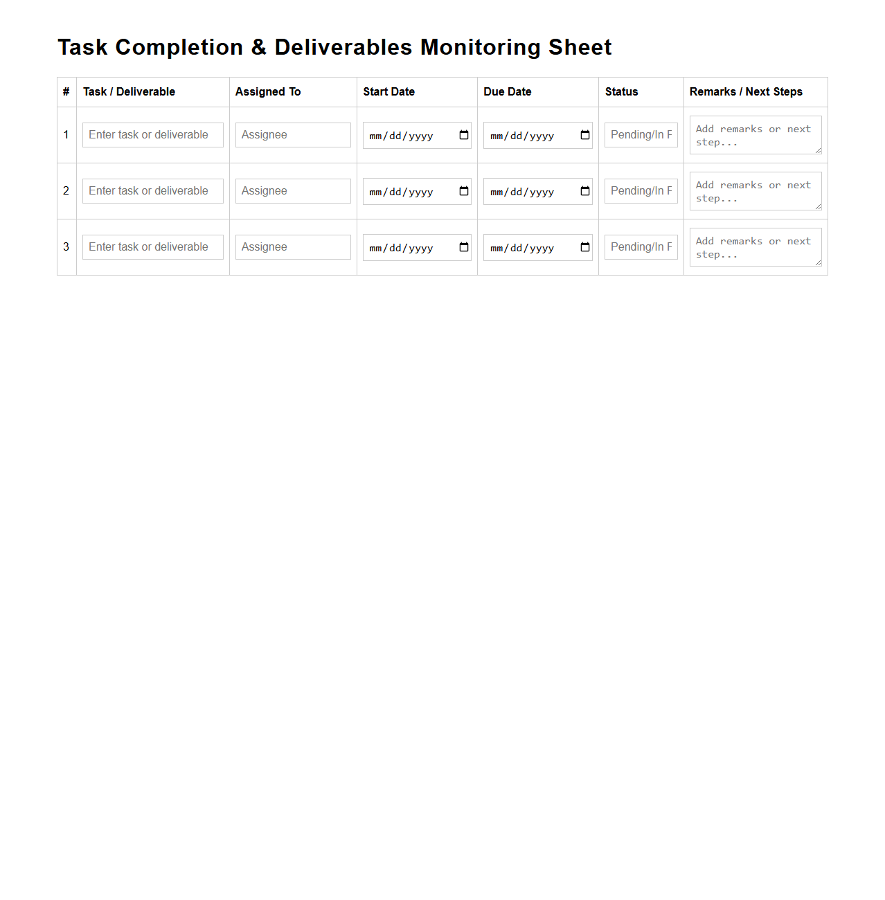 Task Completion and Deliverables Monitoring Sheet