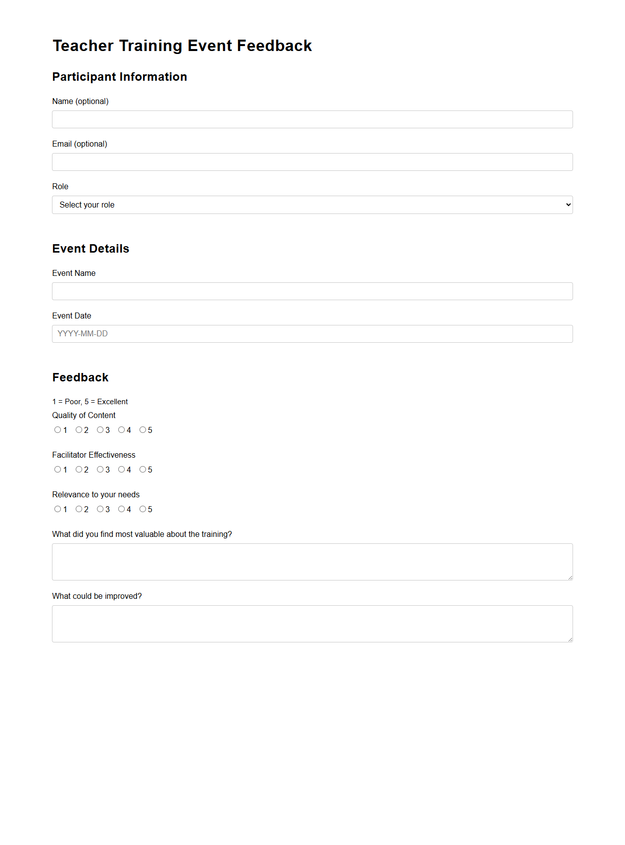 Teacher Training Event Feedback Template