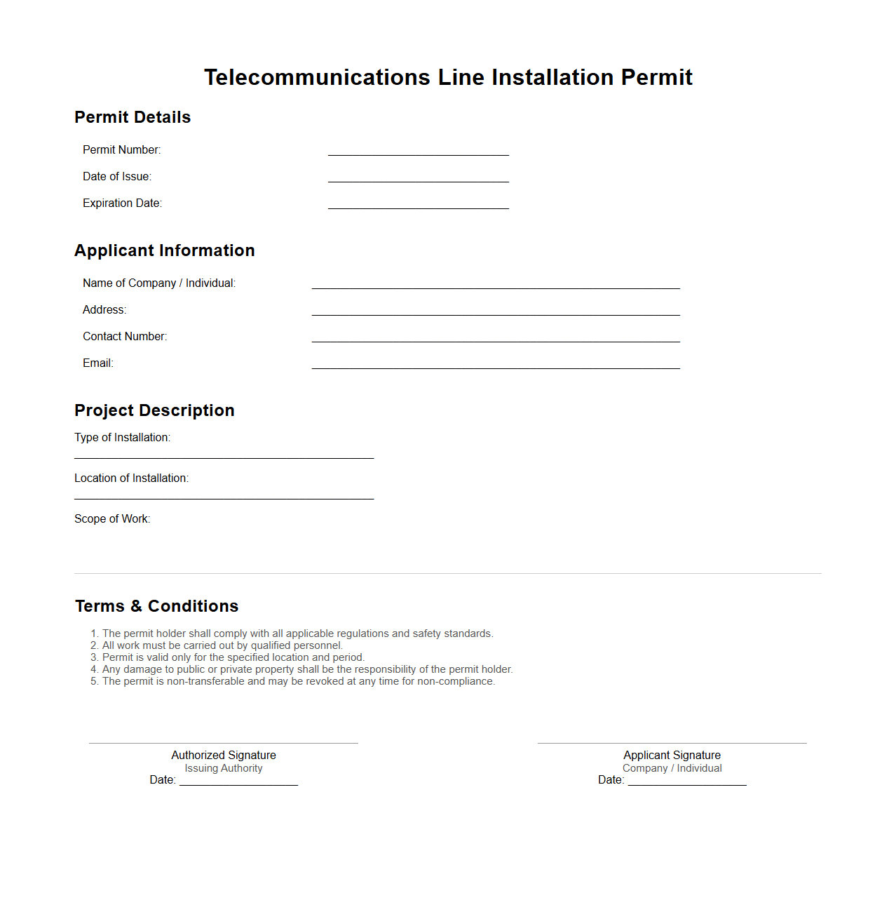 Telecommunications Line Installation Permit Sample
