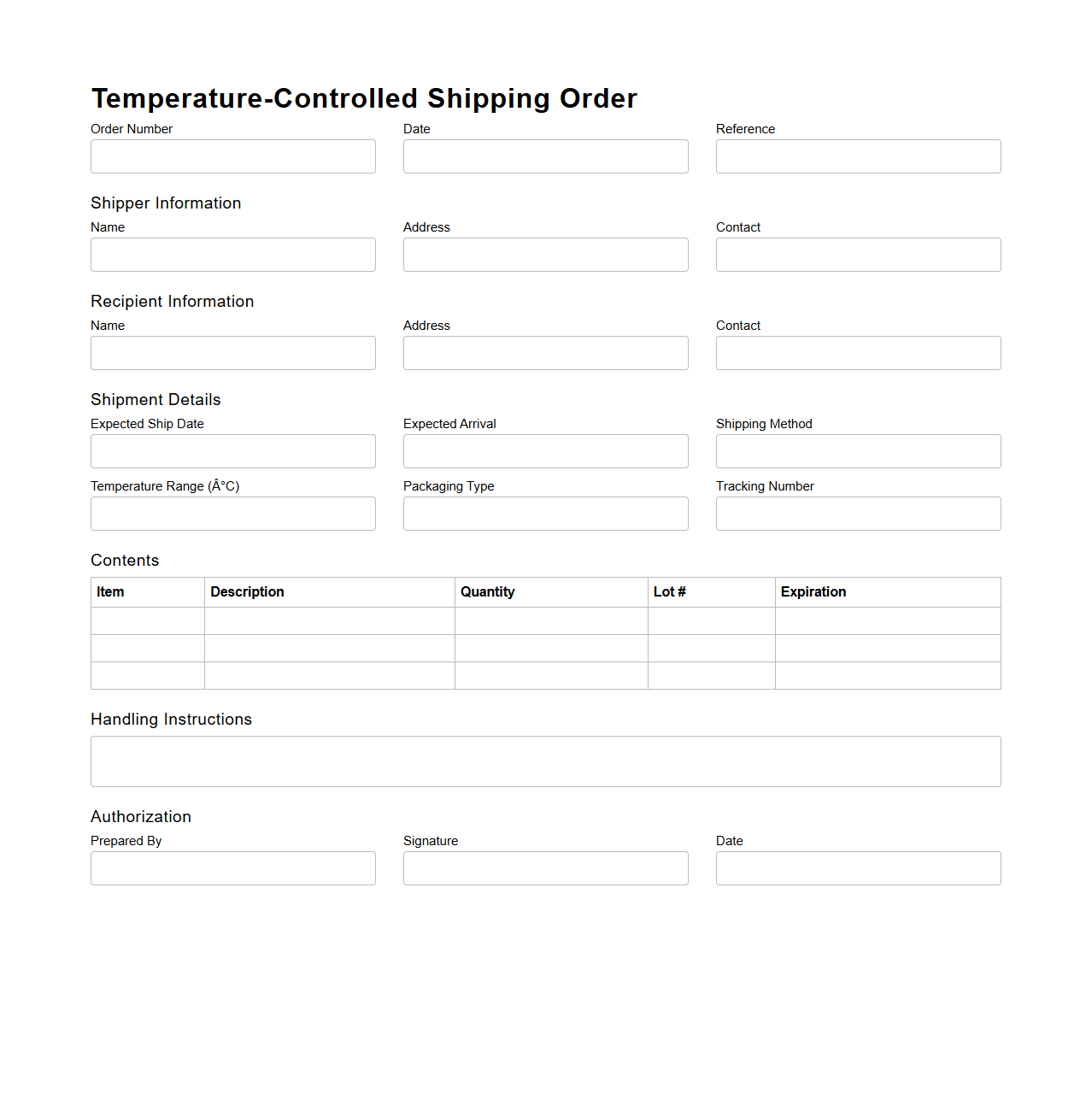 Temperature-Controlled Shipping Order Document for Cold Chain Shipping