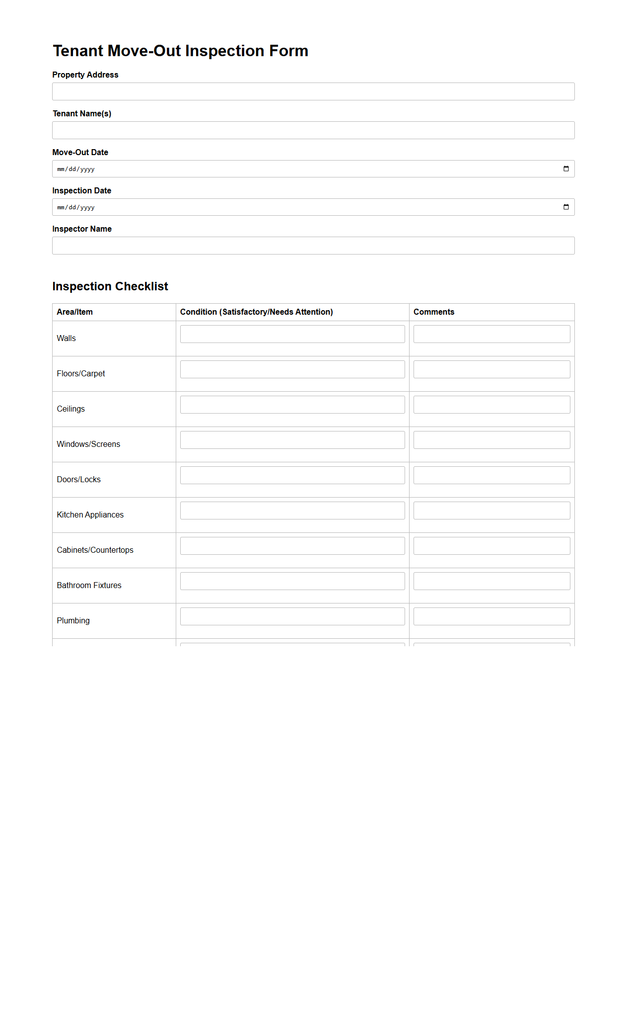 Tenant Move-Out Inspection Form Sample
