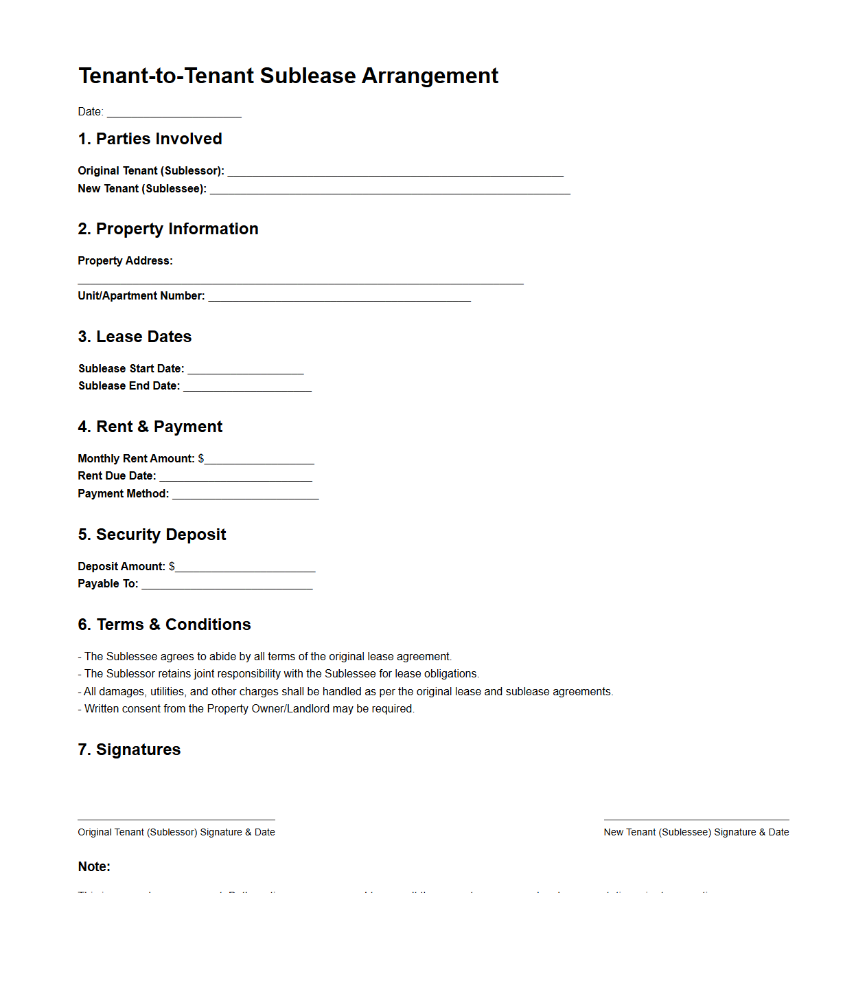 Tenant-to-Tenant Sublease Arrangement Sample