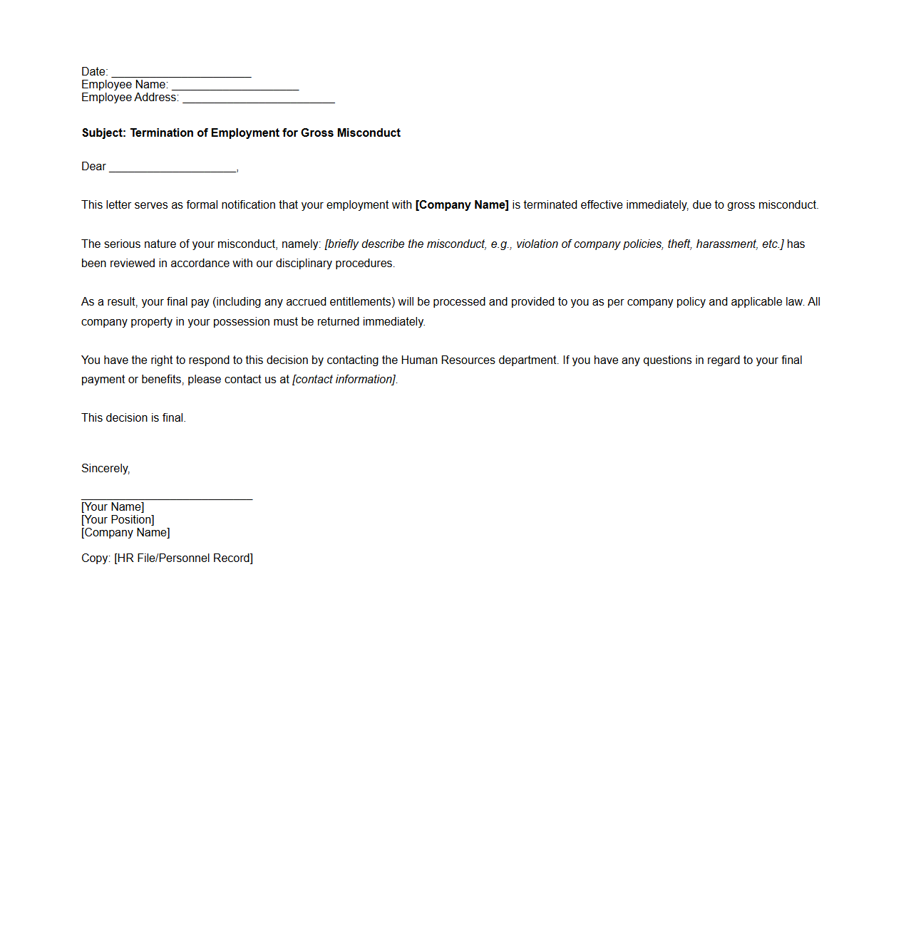 Termination Letter for Gross Misconduct