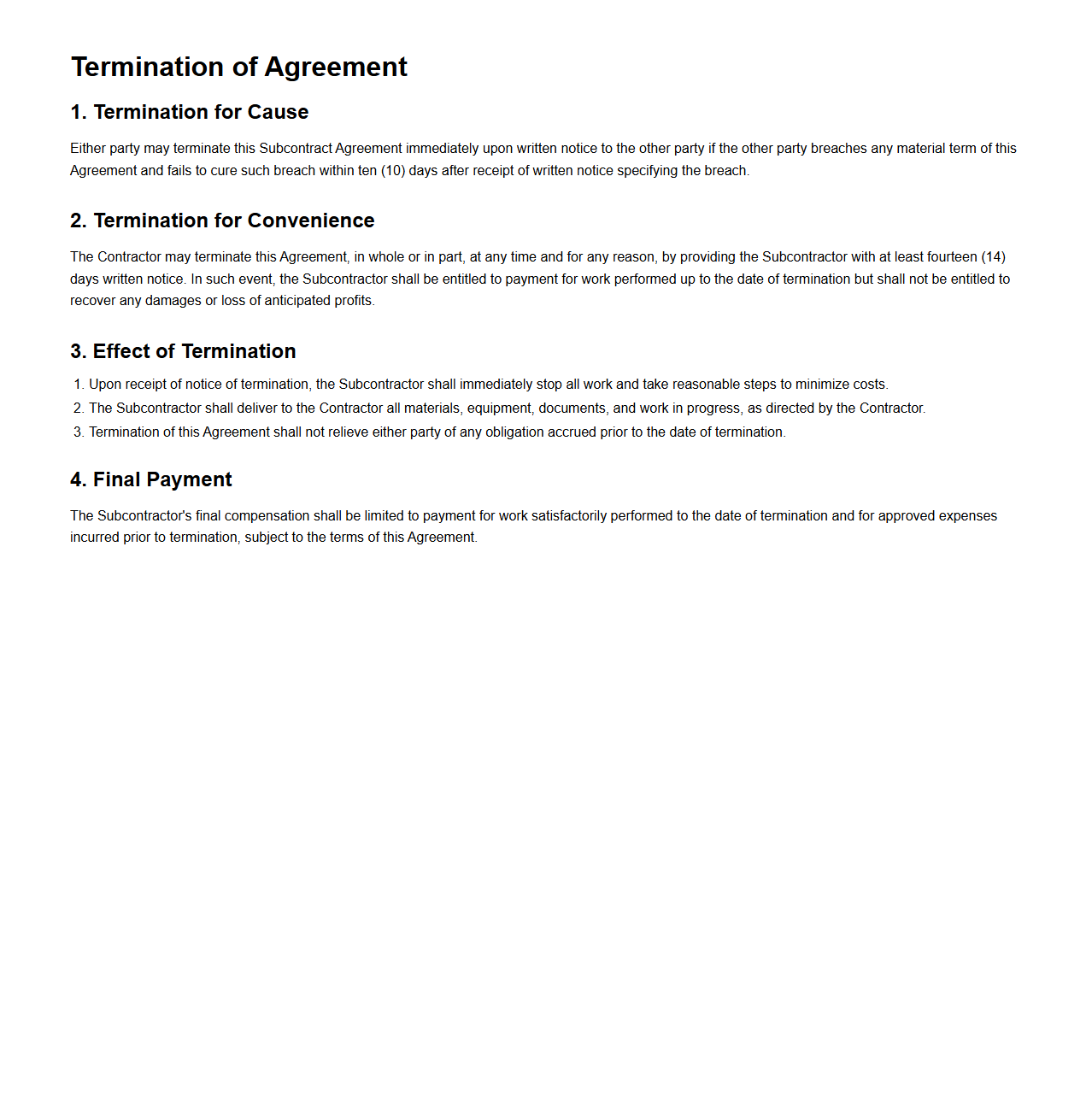 Termination of Agreement Section for Construction Subcontractors