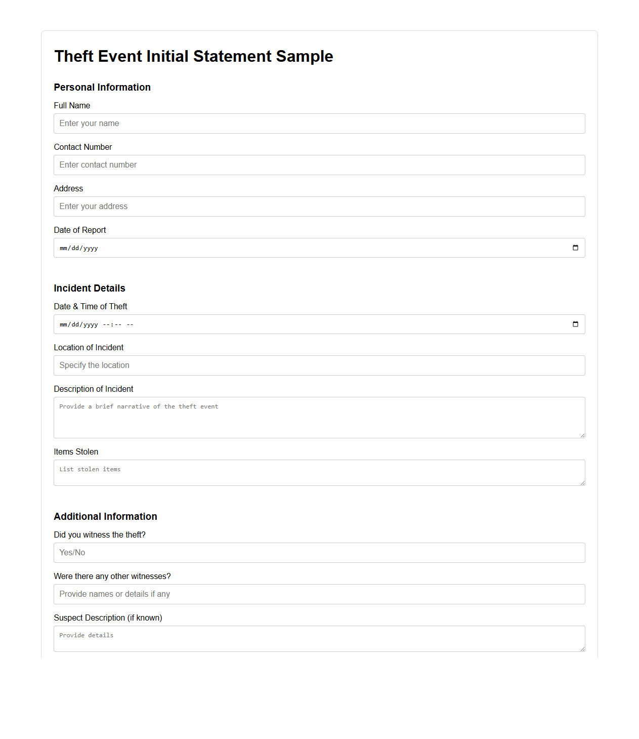 Theft Event Initial Statement Sample