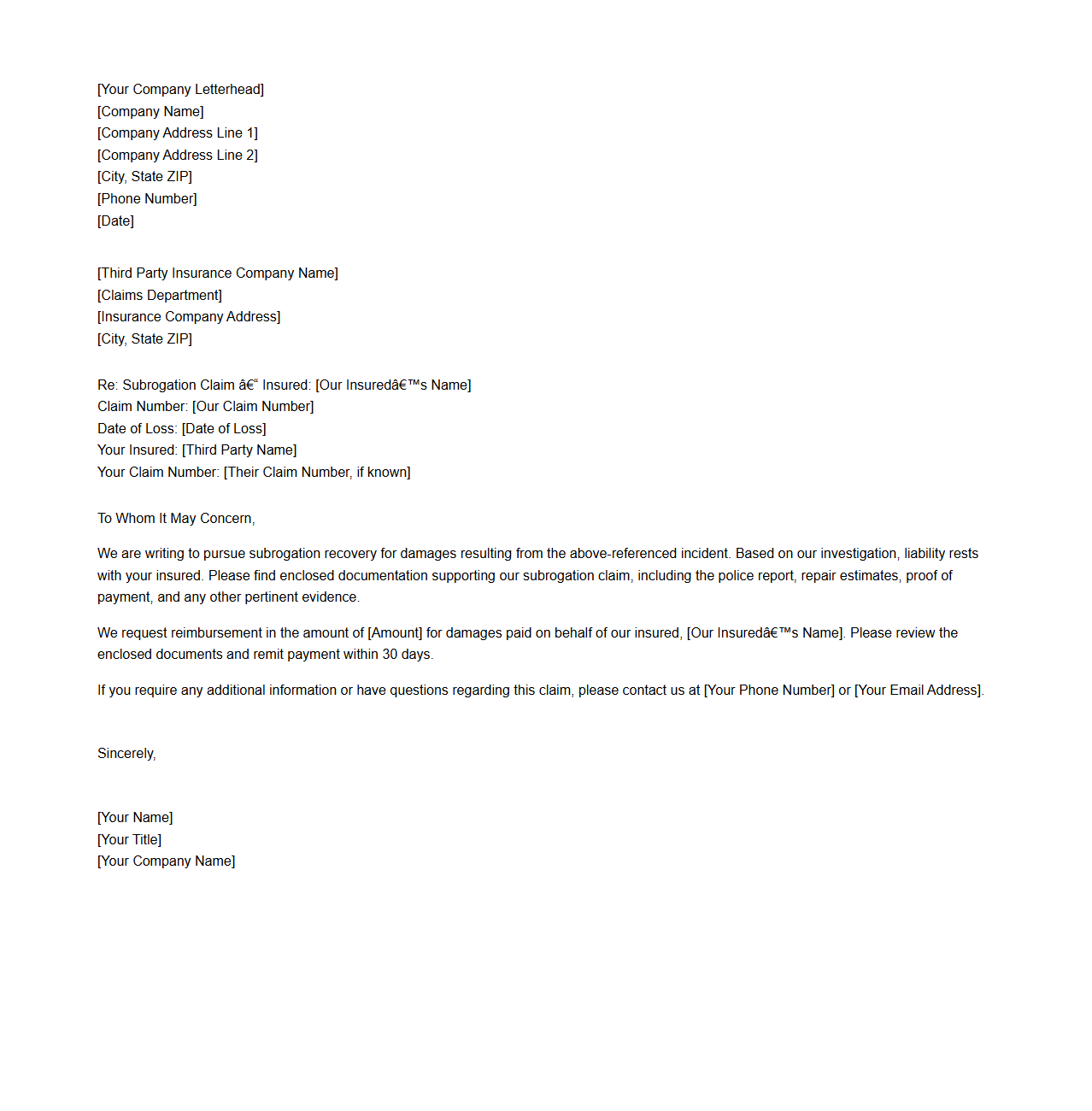 Third Party Claim Subrogation Pursuit Letter