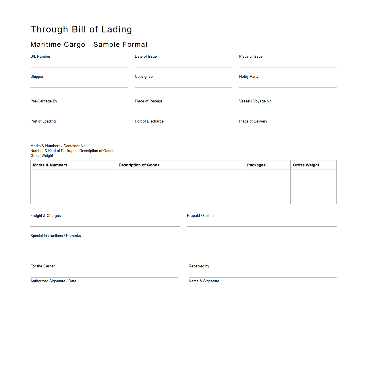 Through Bill of Lading Format for Maritime Cargo