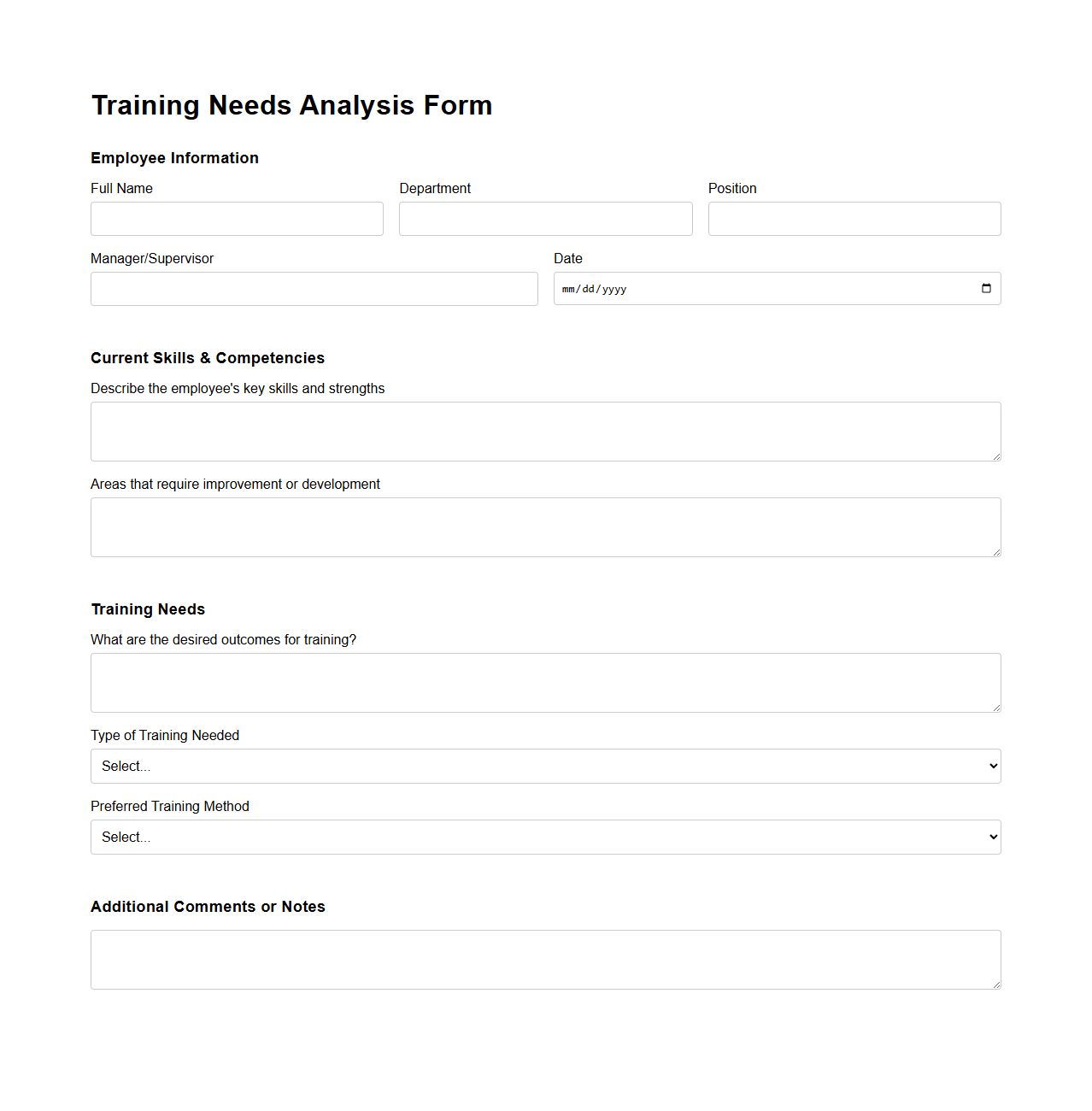 Training Needs Analysis Form