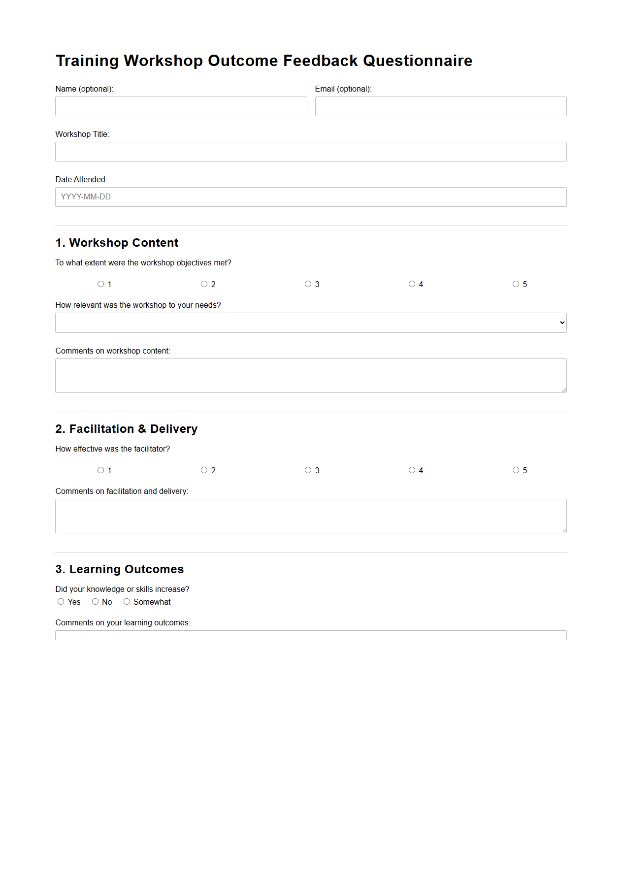 Training Workshop Outcome Feedback Questionnaire