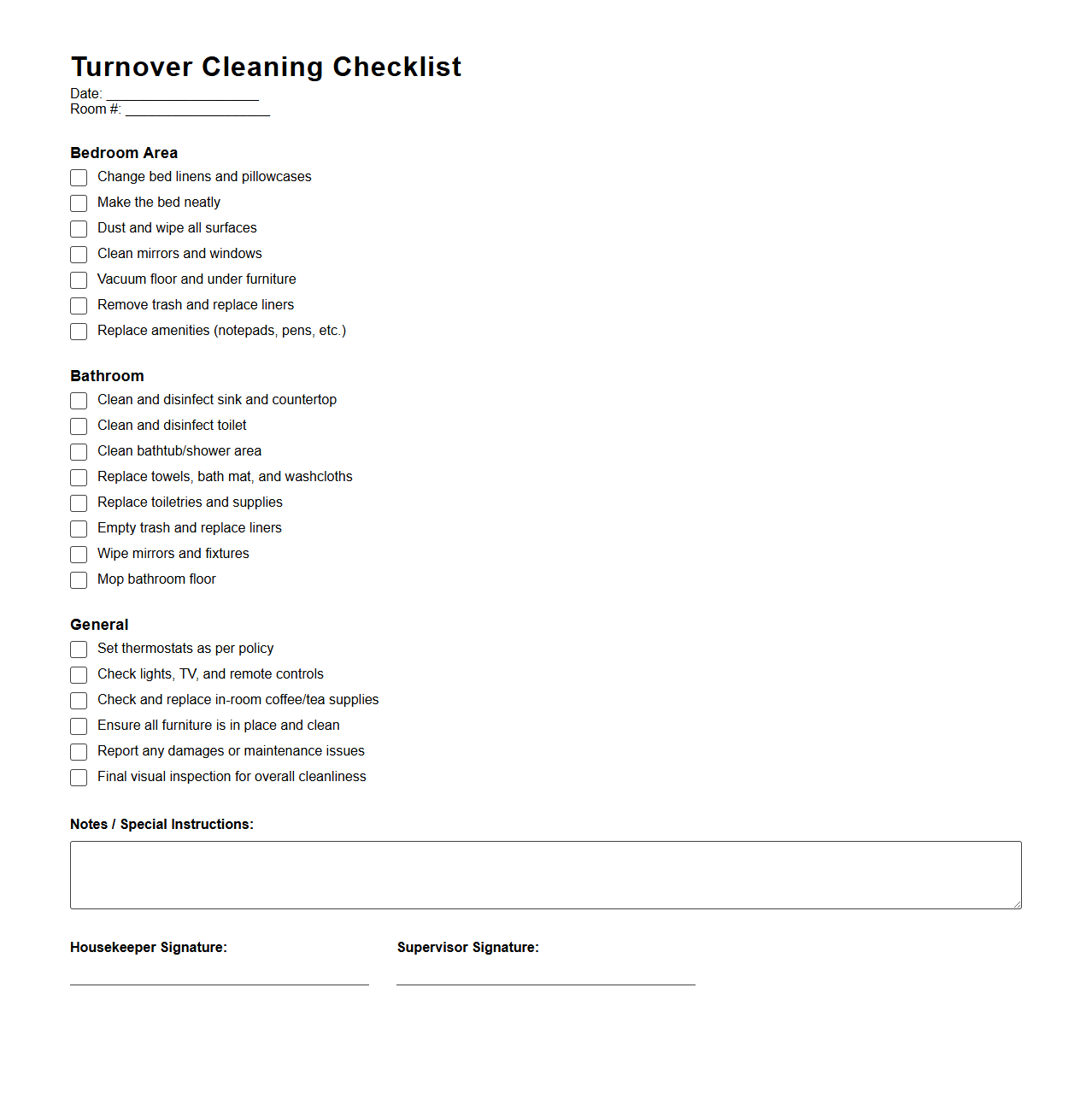 Turnover Cleaning Checklist for Hotel Guest Rooms