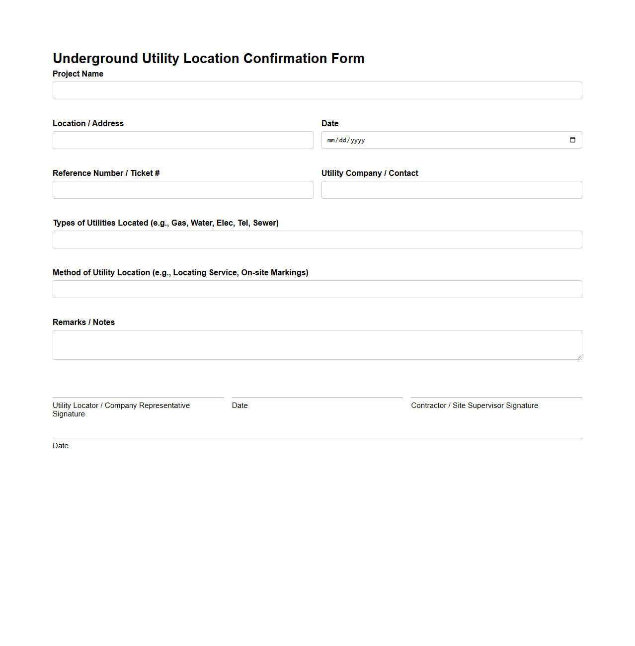 Underground Utility Location Confirmation Form