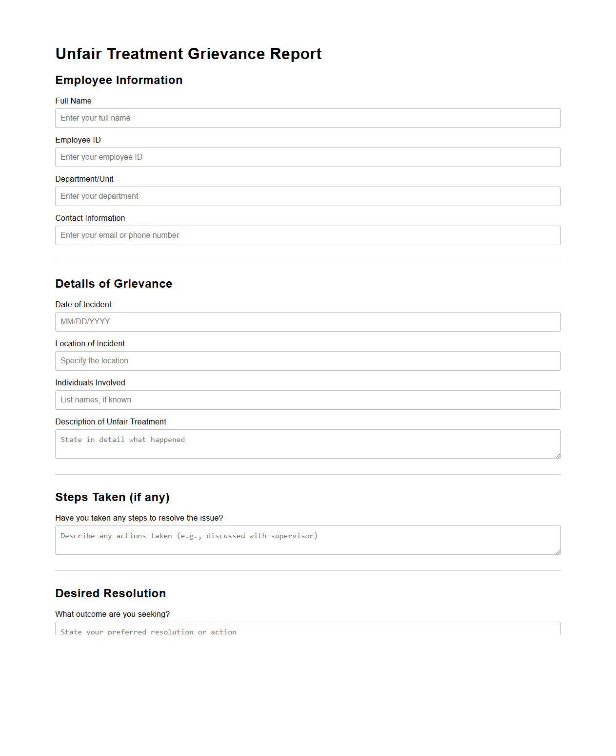 Unfair Treatment Grievance Report Document Sample