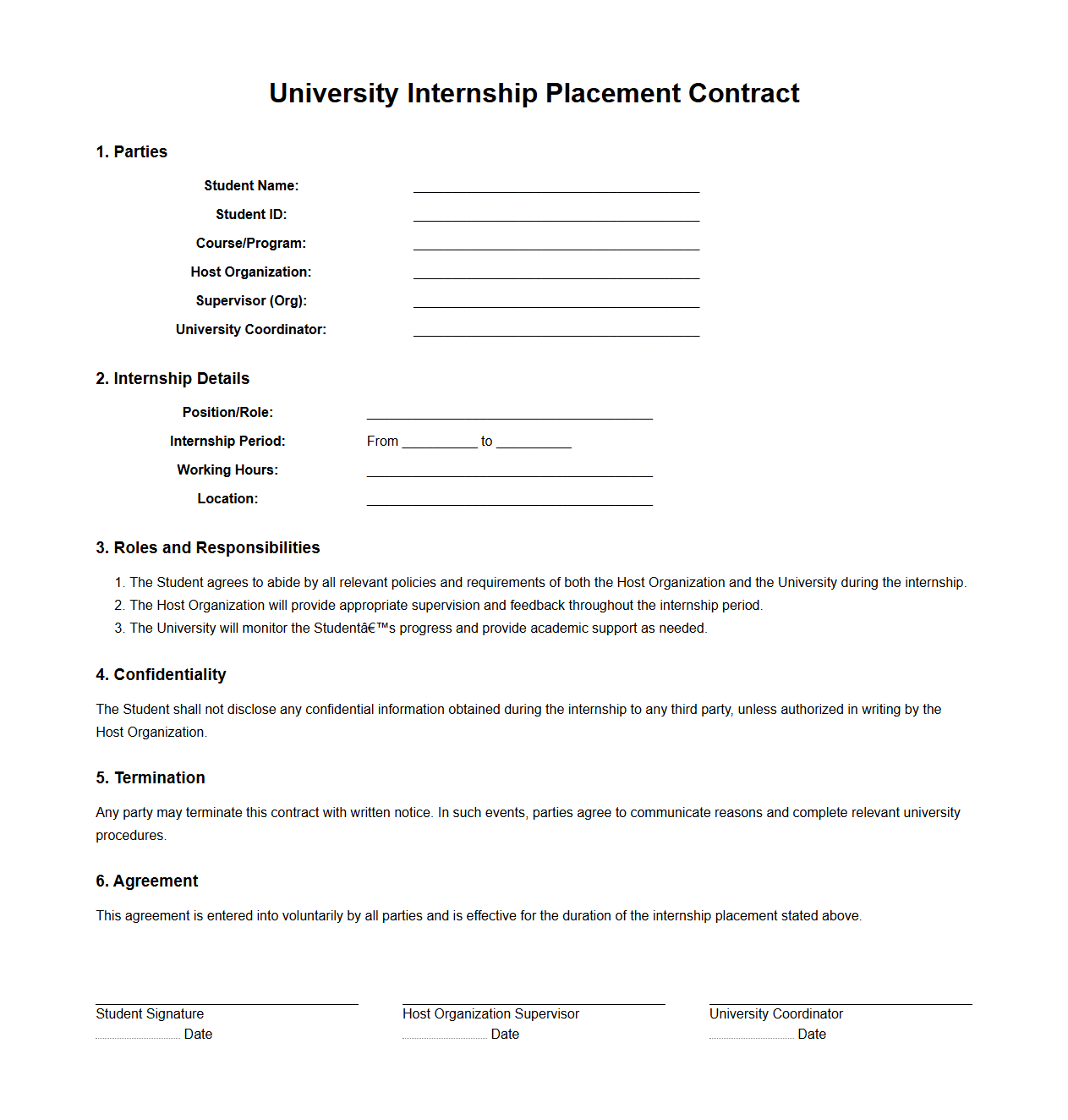 University Internship Placement Contract