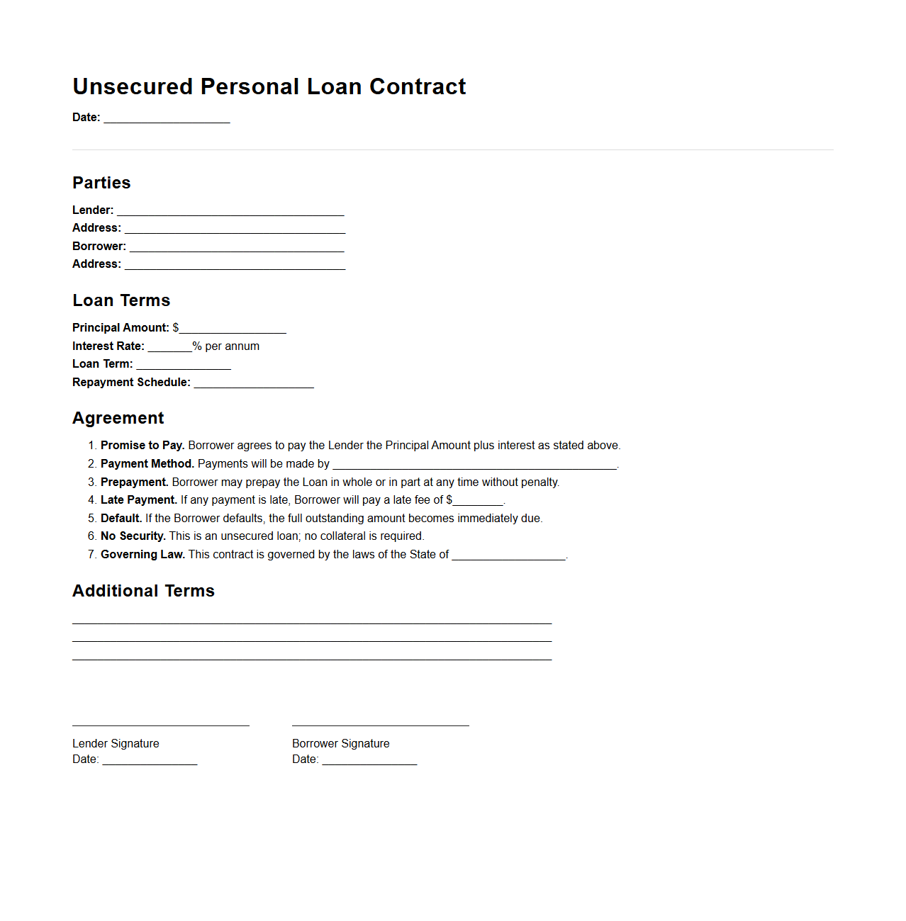 Unsecured Personal Loan Contract Example