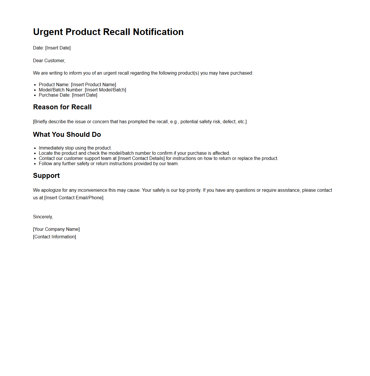 Urgent Product Recall Customer Notification Sample