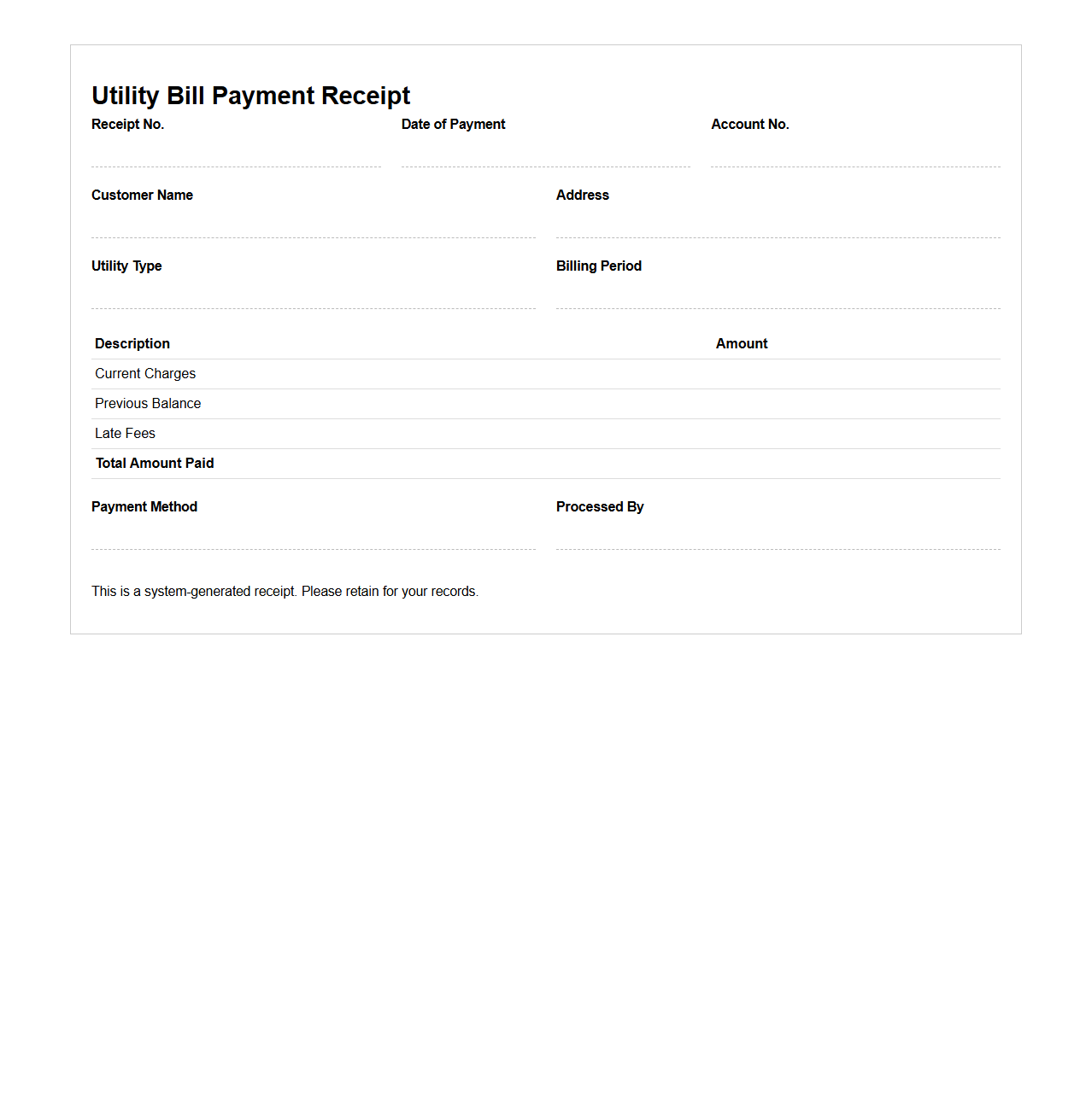 Utility Bill Payment Receipt for Household Records