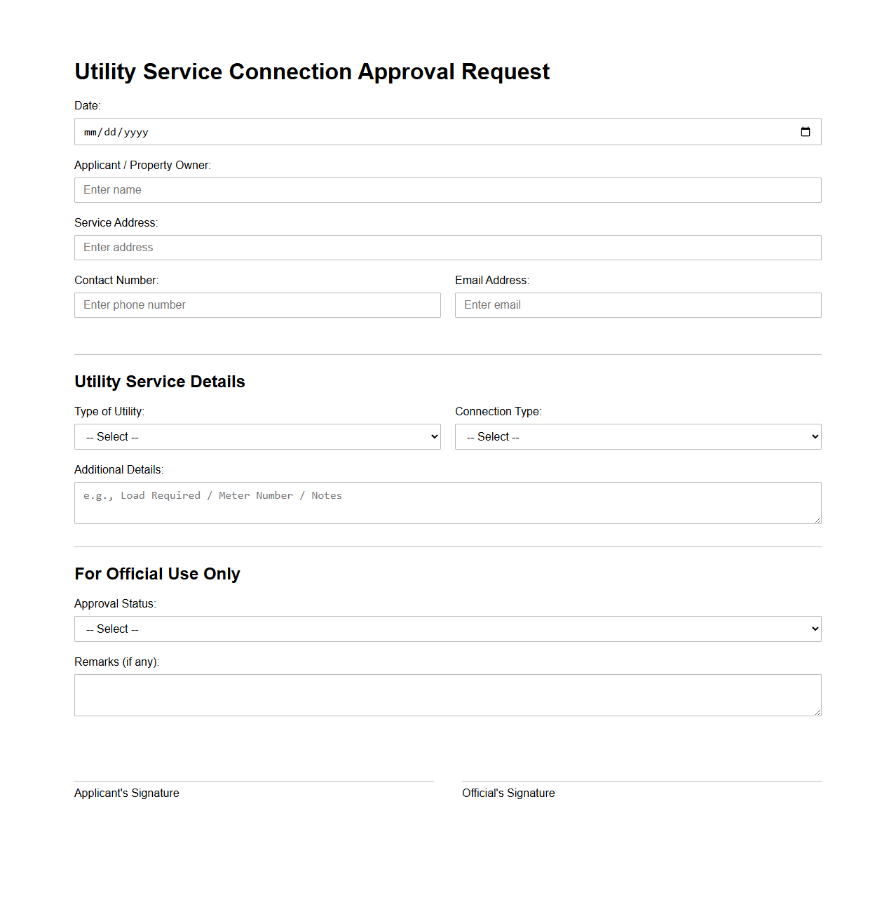 Utility Service Connection Approval Request Sample