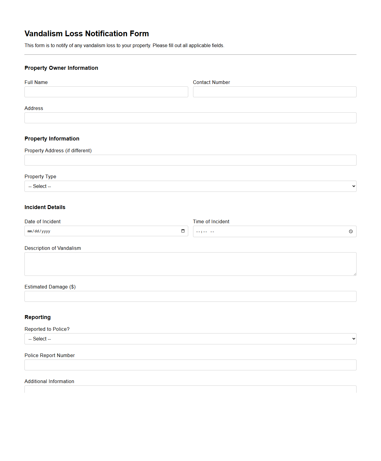Vandalism Loss Notification Form for Property Owners
