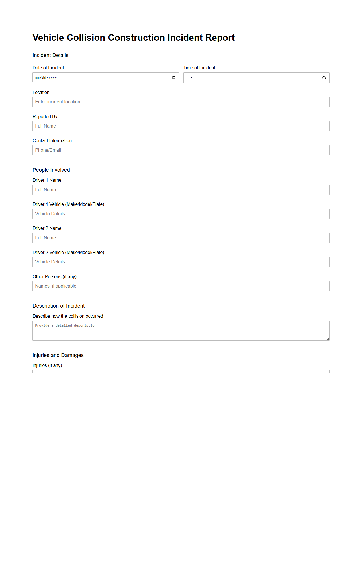 Vehicle Collision Construction Incident Report