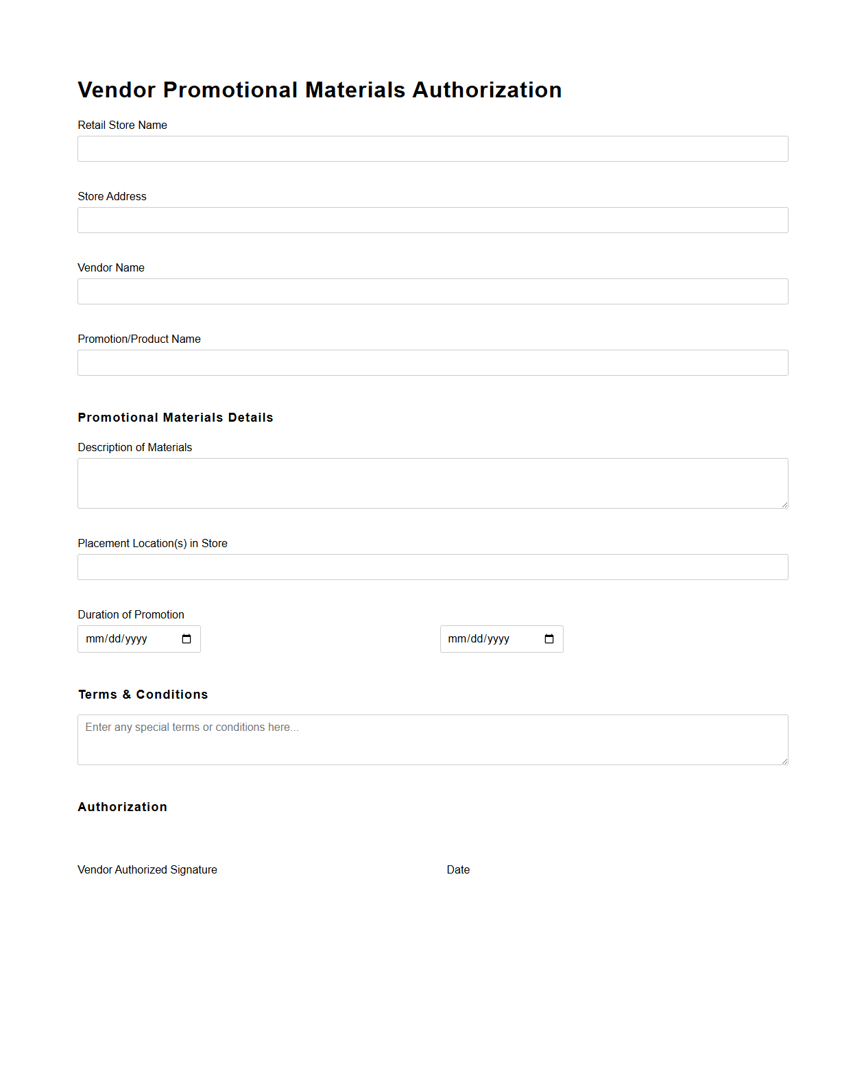 Vendor Promotional Materials Authorization for Retail Stores