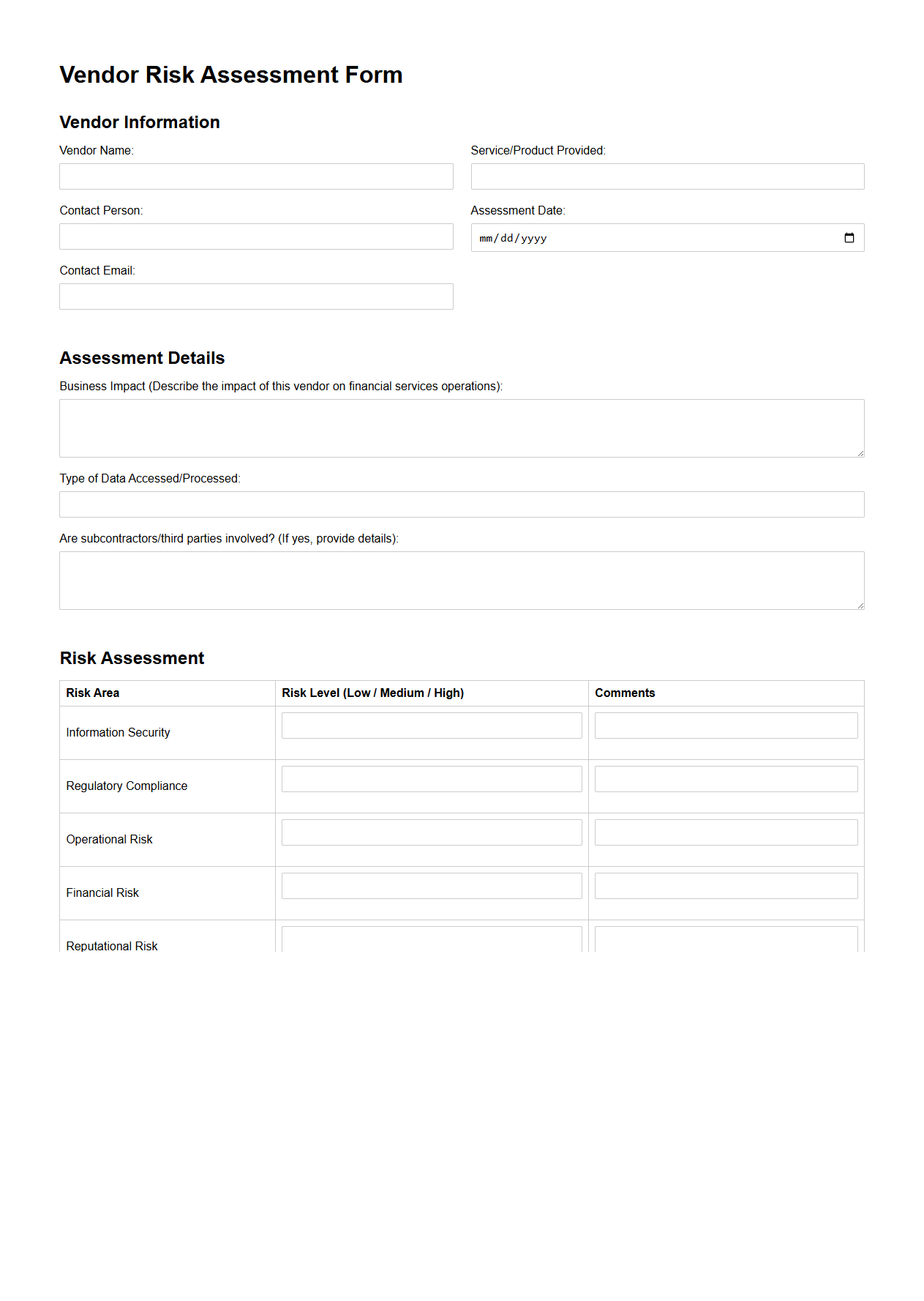 Vendor Risk Assessment Form for Financial Services