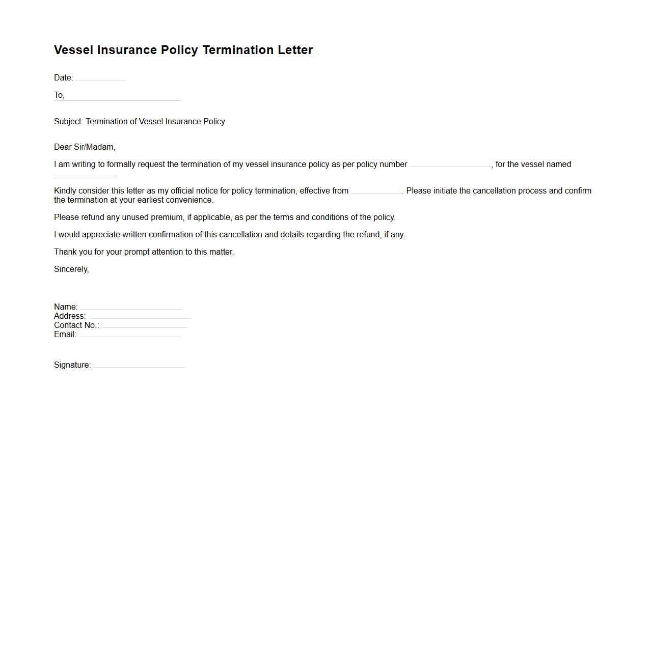 Vessel Insurance Policy Termination Letter Format