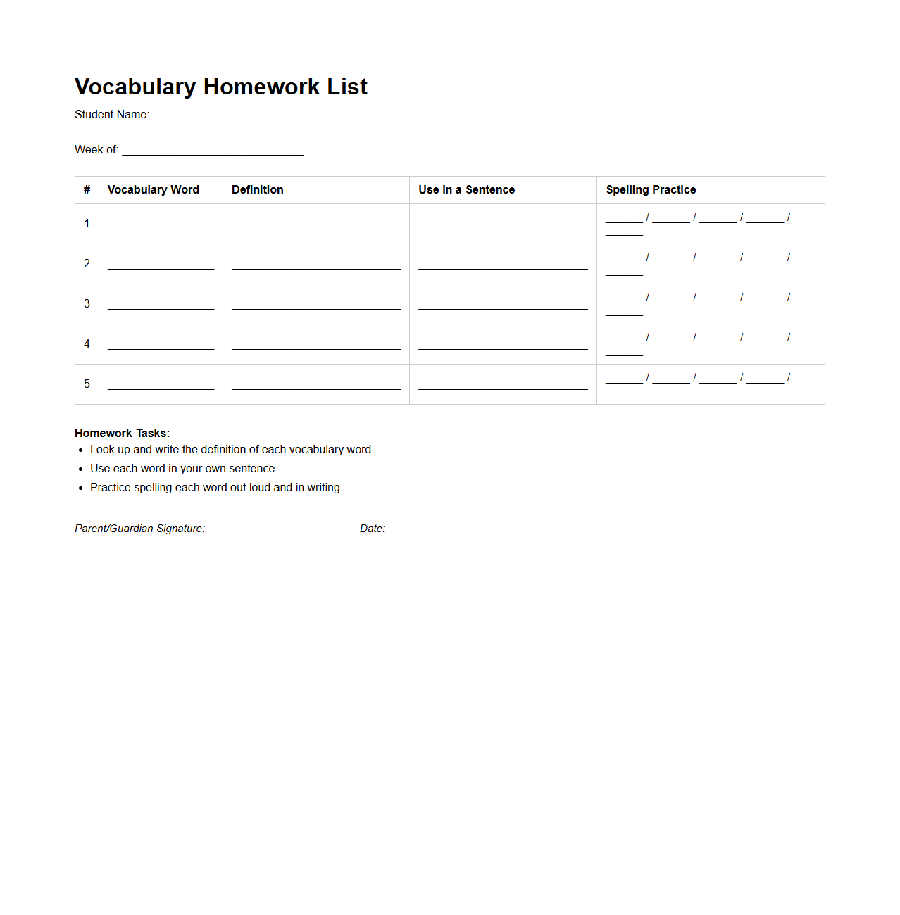Vocabulary Homework List for Elementary Students