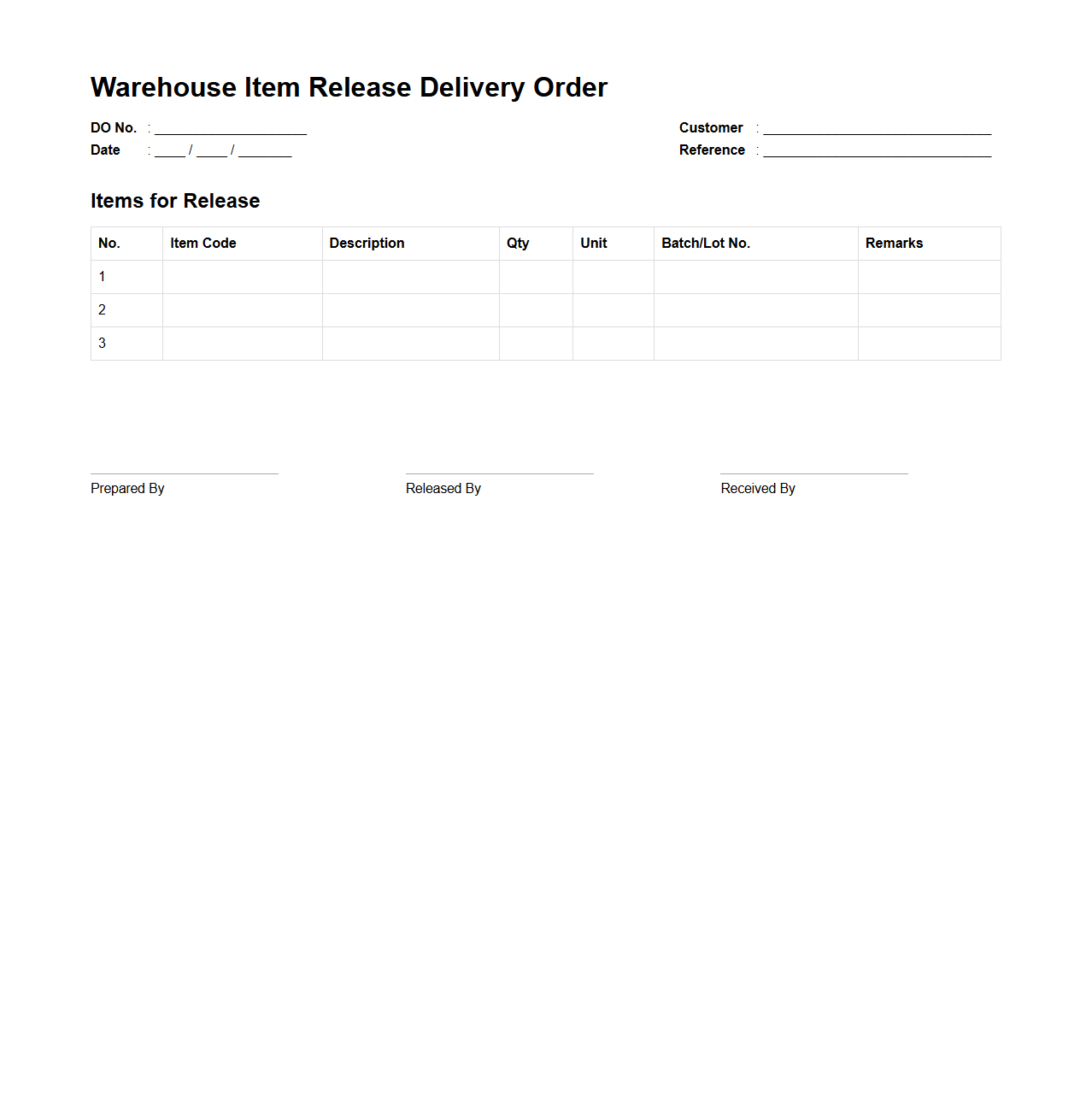 Warehouse Item Release Delivery Order Standard