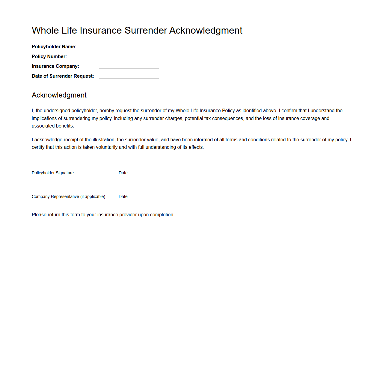 Whole Life Insurance Surrender Acknowledgment Sample