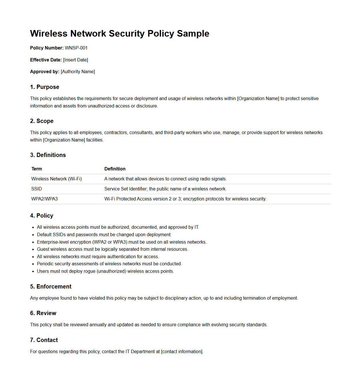 Wireless Network Security Policy Sample