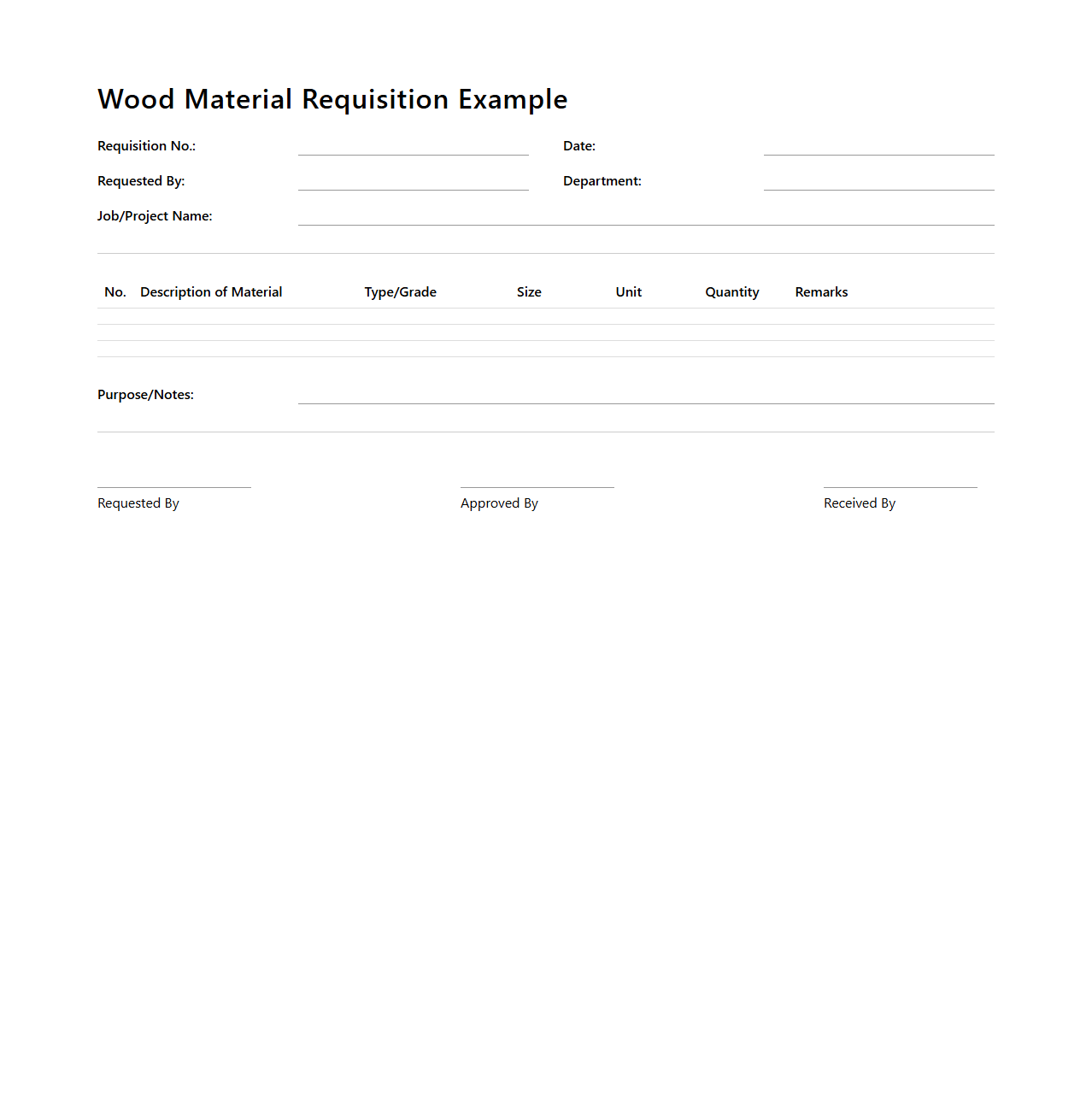 Wood Material Requisition Example