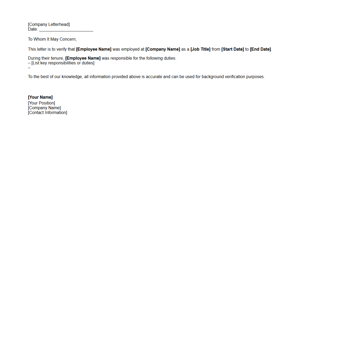 Work Experience Verification Letter for Background Check