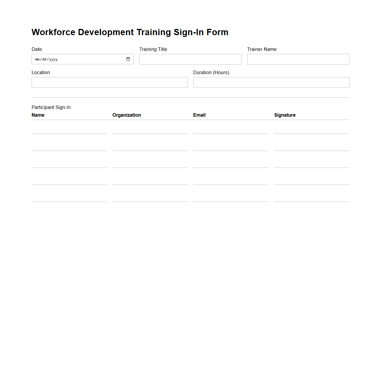 Workforce Development Training Sign-In Form