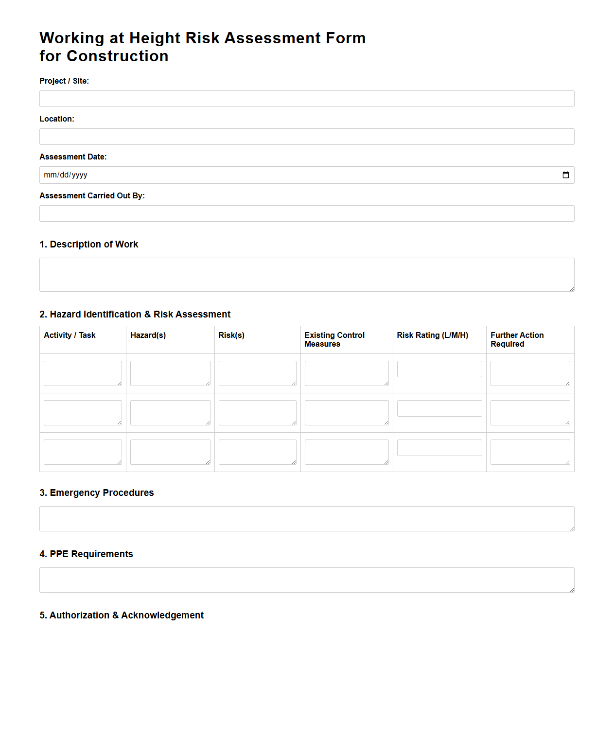 Working at Height Risk Assessment Form for Construction