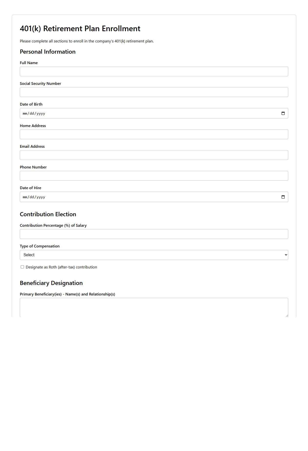 401(k) Retirement Plan Enrollment Document Template