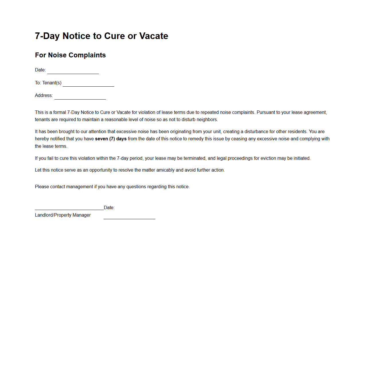7-Day Notice to Cure or Vacate for Noise Complaints