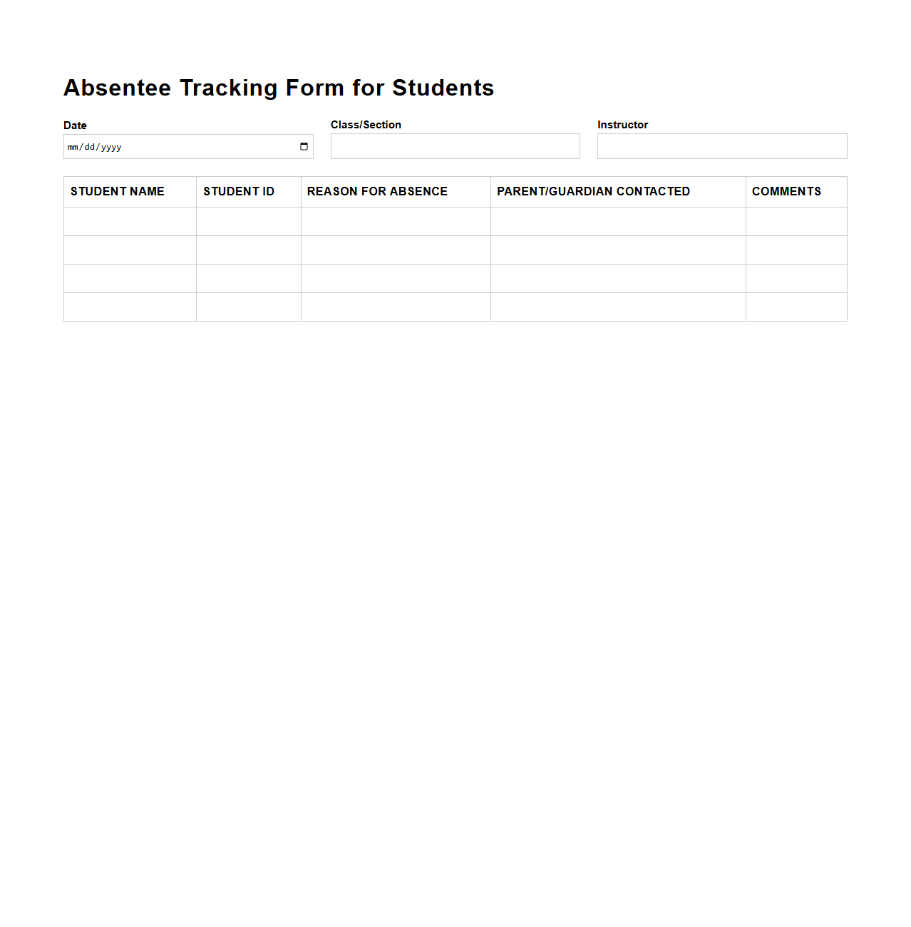 Absentee Tracking Form for Students