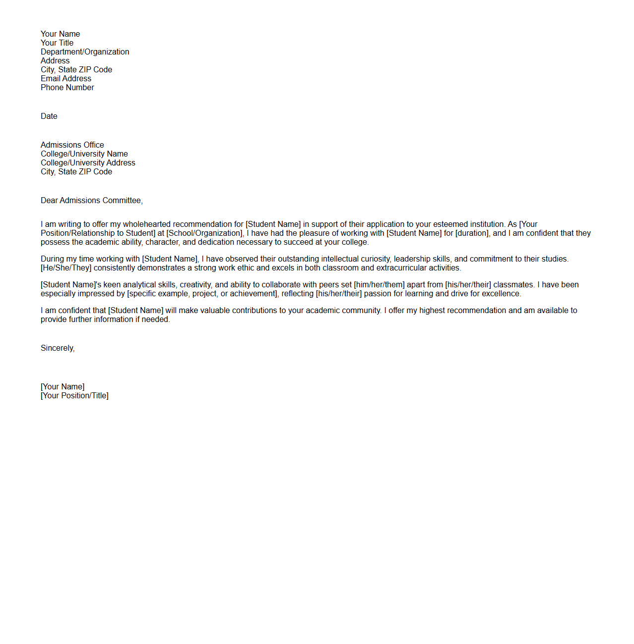 Academic Recommendation Letter for College Admission