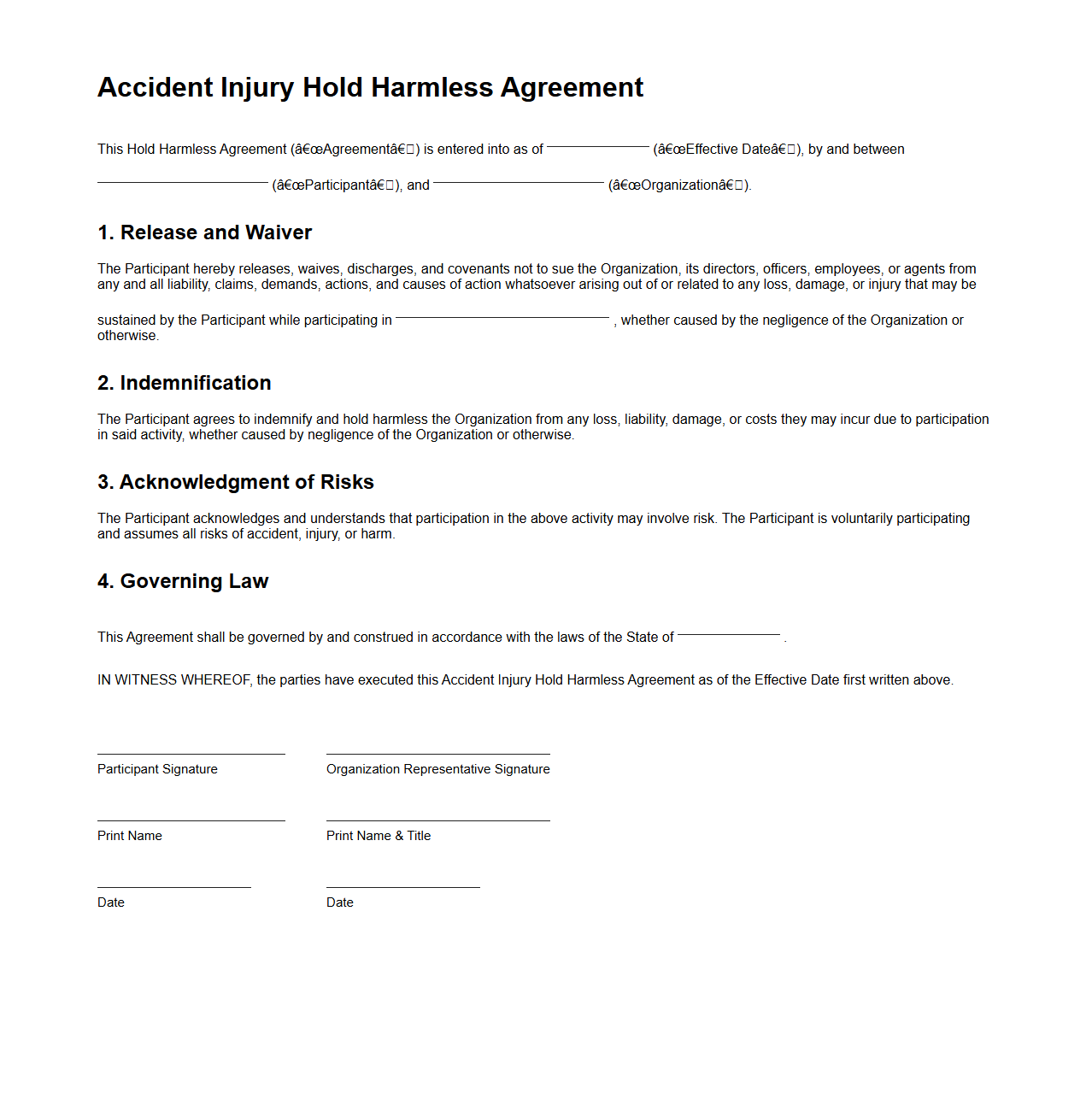 Accident Injury Hold Harmless Agreement