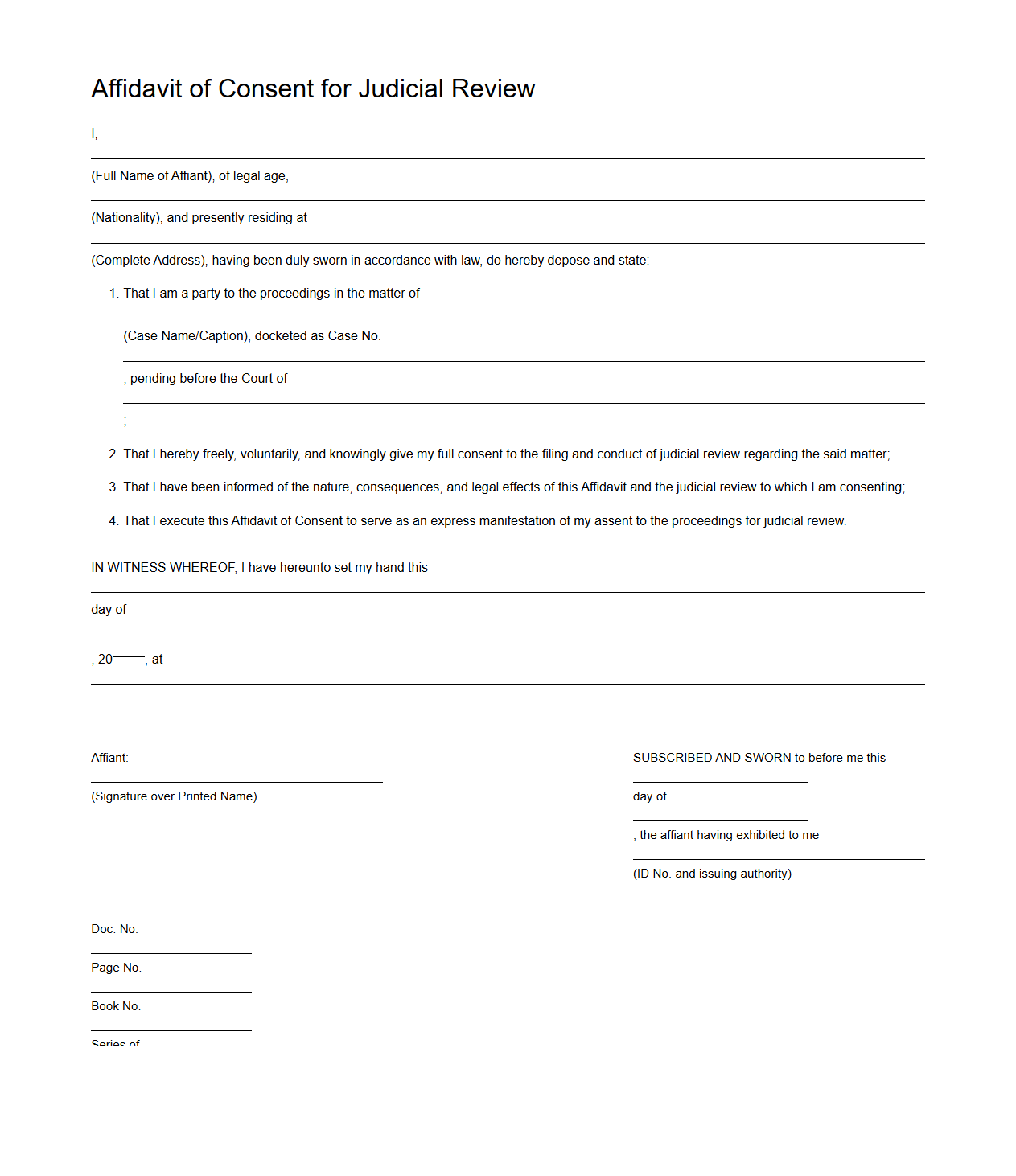 Affidavit of Consent for Judicial Review