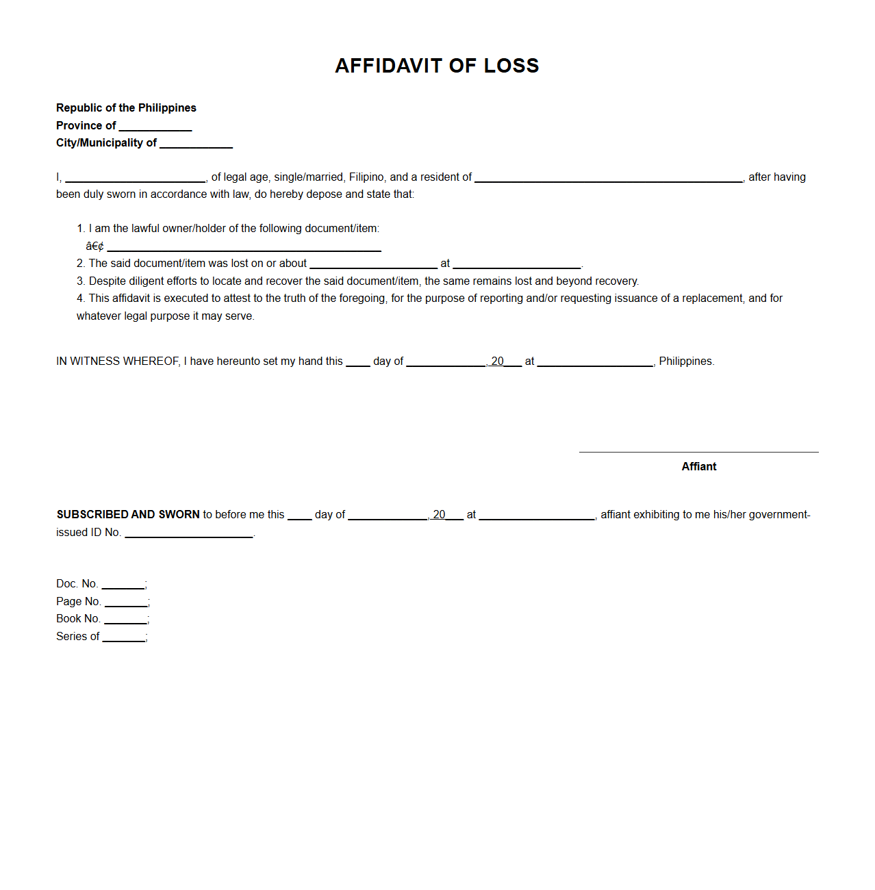 Affidavit of Loss for Court Submission