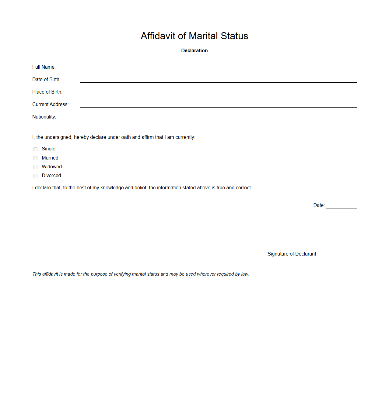 Affidavit of Marital Status Declaration