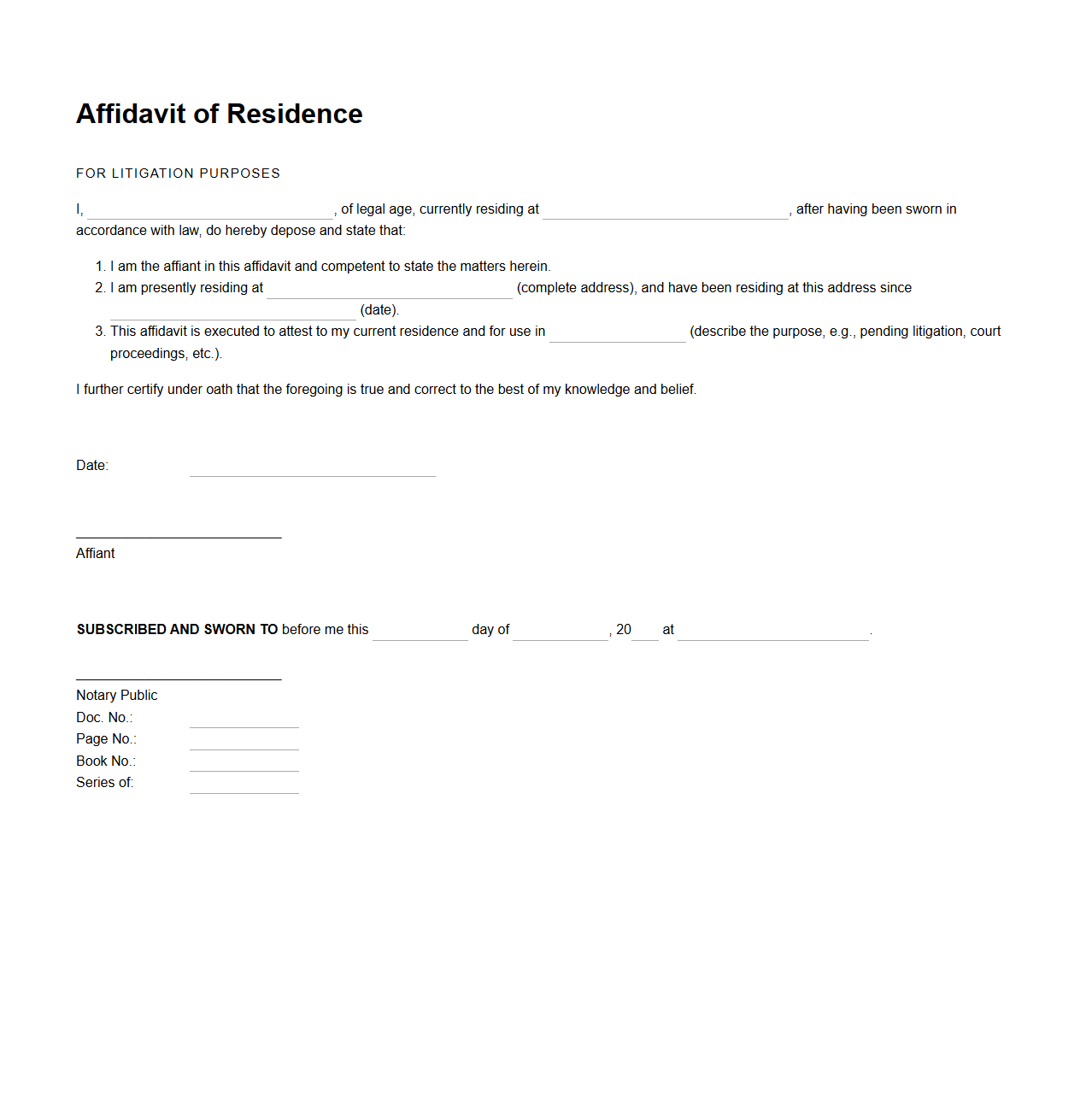 Affidavit of Residence Model for Litigation