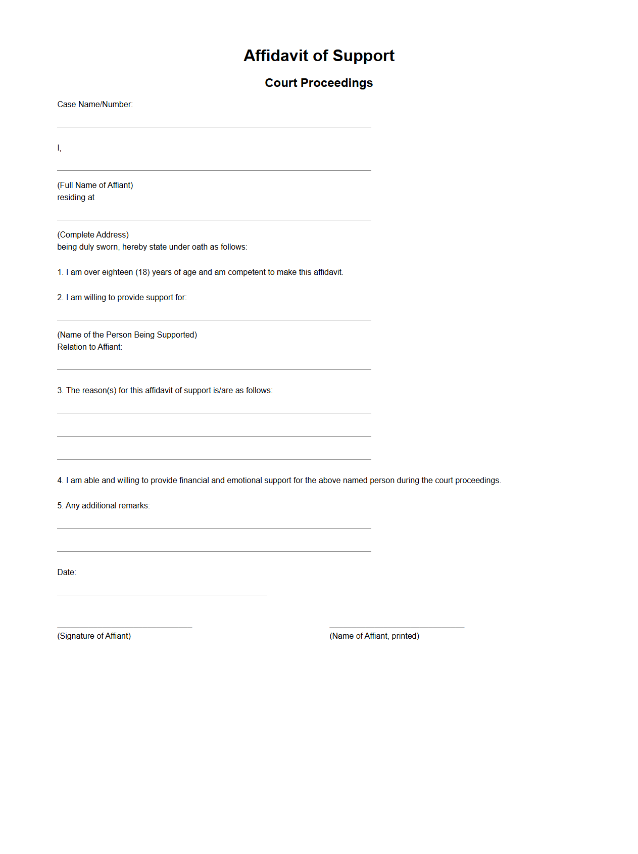 Affidavit of Support for Court Proceedings