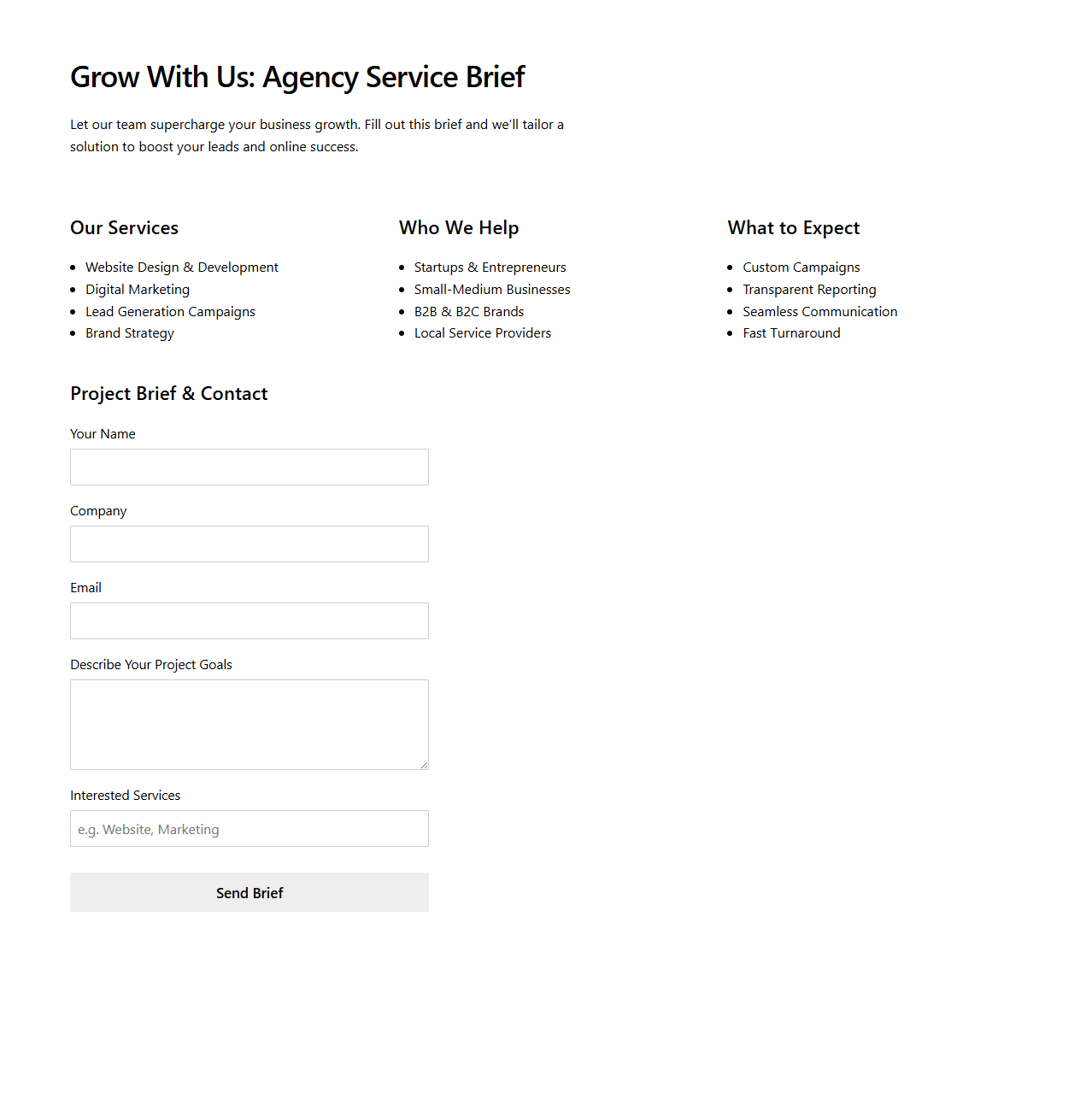 Agency Service Landing Page Brief for Client Lead Generation