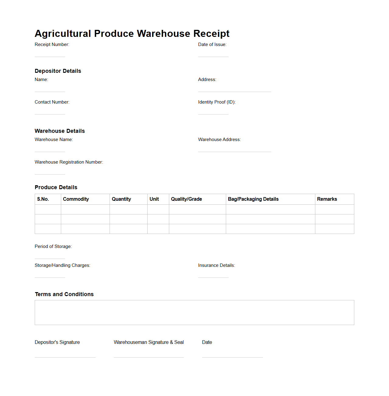 Agricultural Produce Warehouse Receipt Format