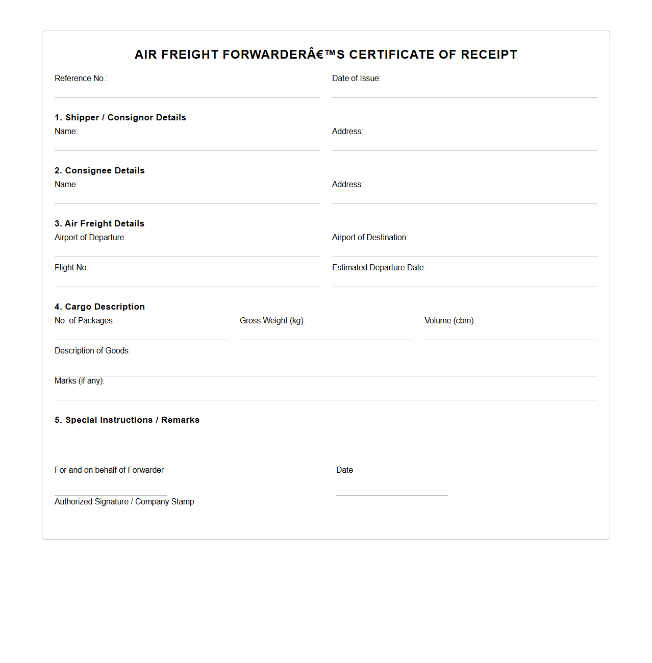 Air Freight Forwarder’s Certificate of Receipt Template for Logistics