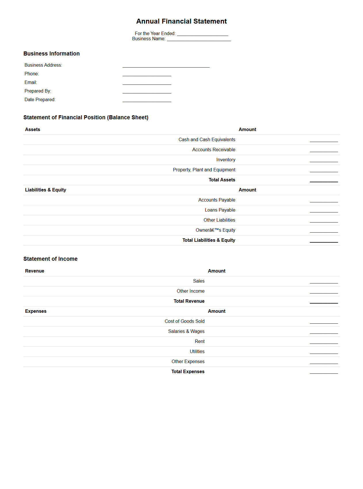 Annual Financial Statement for Local Businesses